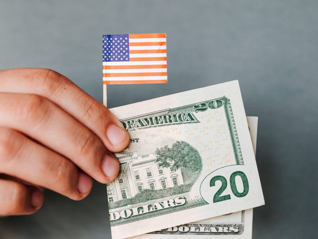 hand holding a $20 bill and a small american flag
